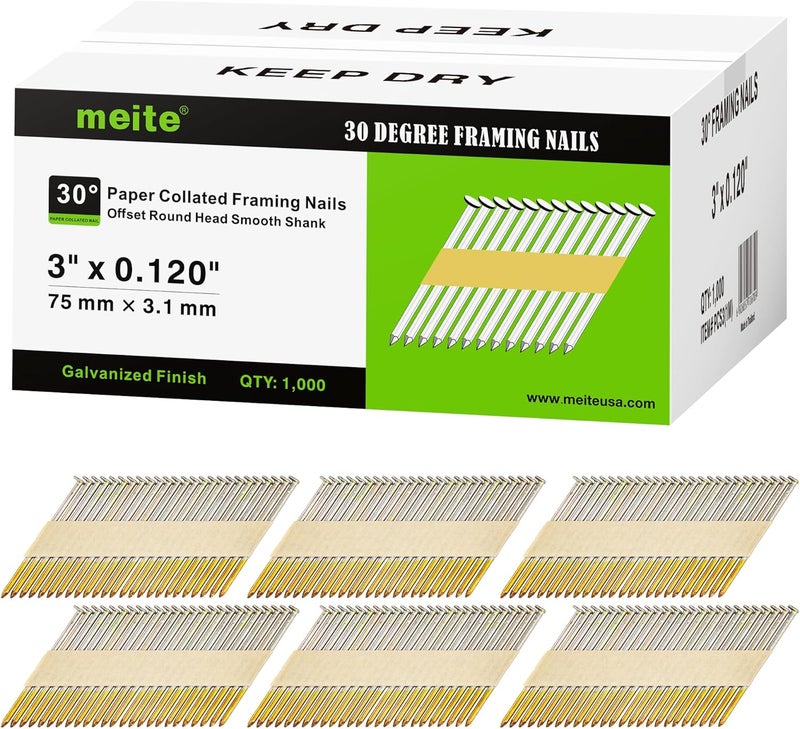 Meite 30 Degree Framing Nails 3-Inch x .120-Inch, Electro-Galvanized Coated, Paper Tape Collated, Offset Round Head Smooth Shank Framing Nails for 30-34 Degree Framing Nailers (1,000 Counts) - Image 1